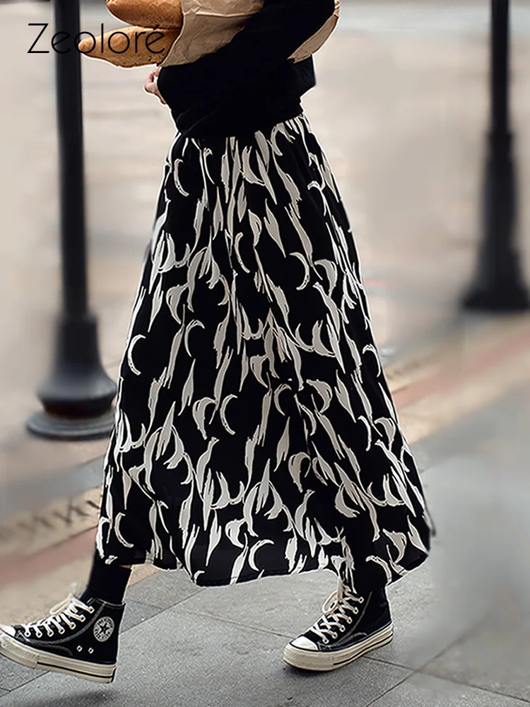 

Zeolore Spring Summer Skirt Korean Style Moon-Shape Printed Floral A Line Skirt Retr High Waisted Women's Long Skirts QT511