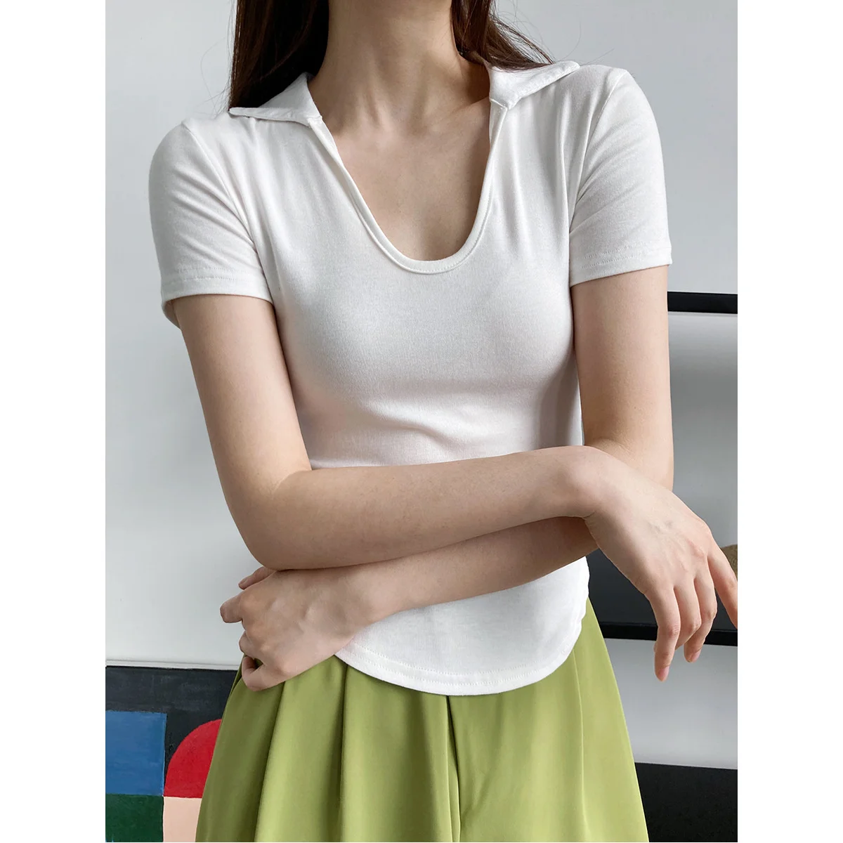 

Solid Scoop Polo's Neck Fitted T Shirt Gray White Black Summer Slim Women Tee Basic Tight T-Shirts
