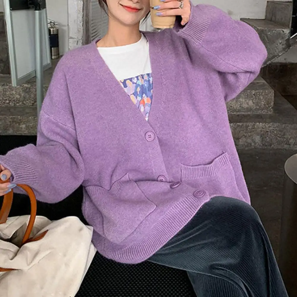 

Женский кардиган большого размера, коричневый однобортный трикотажный кардиган с карманами и V-образным вырезом в Корейском стиле, Осень-зима