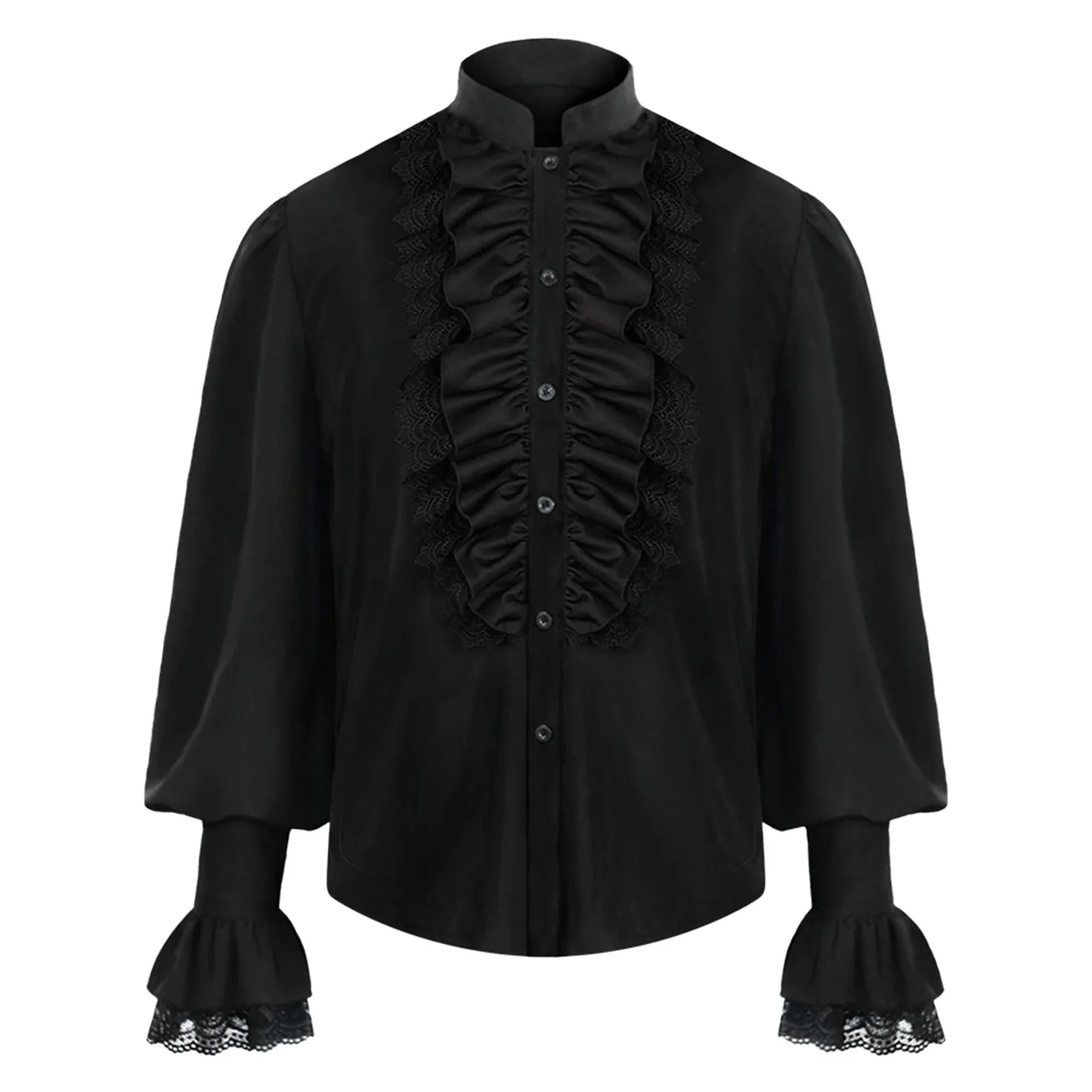 

Button Blouse Male Gothic Vintage Court Shirt Stand Collar Hem Lace Long Sleeve Puff Sleeve Shirt Mens Small White Shirts Pack