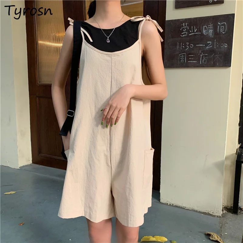 

Women Wide Leg Rompers Harajuku Safari Style Chic Kawaii Femme Students Sleeveless Playsuits Simple All-match Leisure Aesthetic