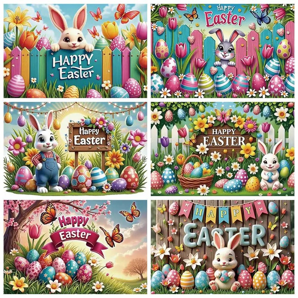 MOON.QG 2025 Easter Day Party Decoration Backdrop Garden Wooden Fence Rabbit Eggs Flower Background Photo Studio Banner Poster