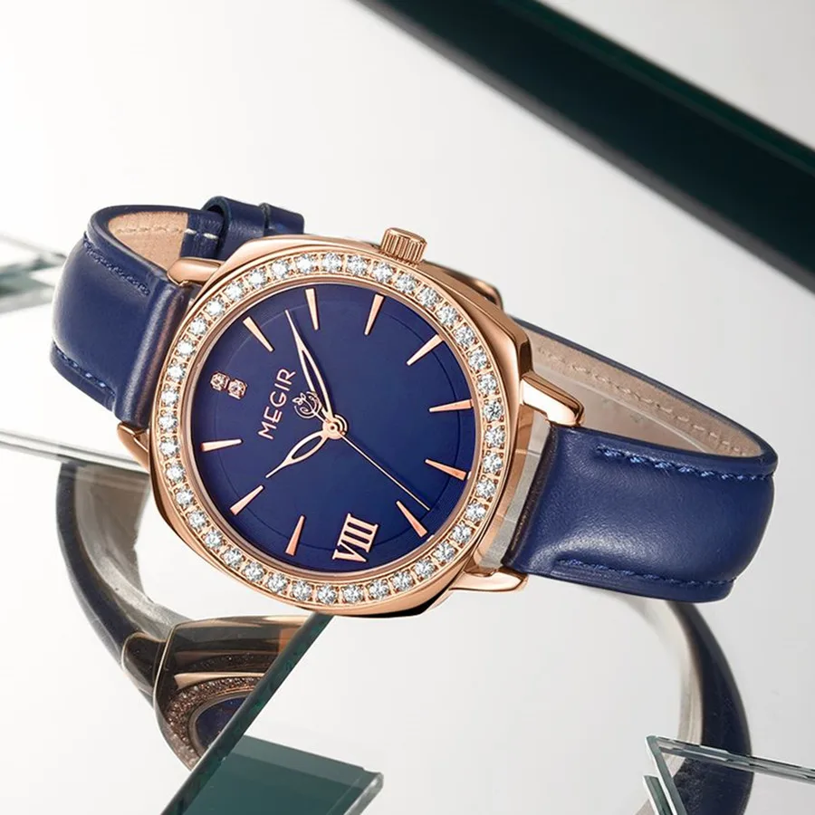 MEGIR модные женские часы роскошный кожаный женский браслет с бриллиантами