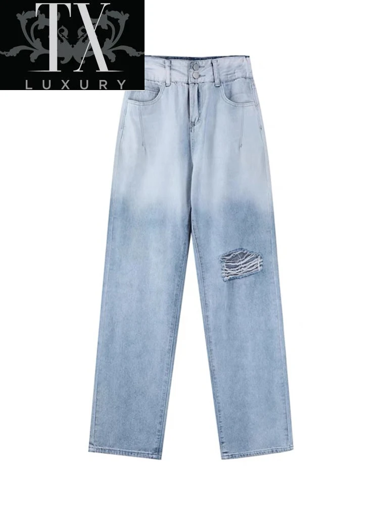 

Jeans For Women Streetwear Ripped Hole High Waist Blue Trousers Harajuku Gradual Change All-Match Wide Leg Pants Lady Summer New