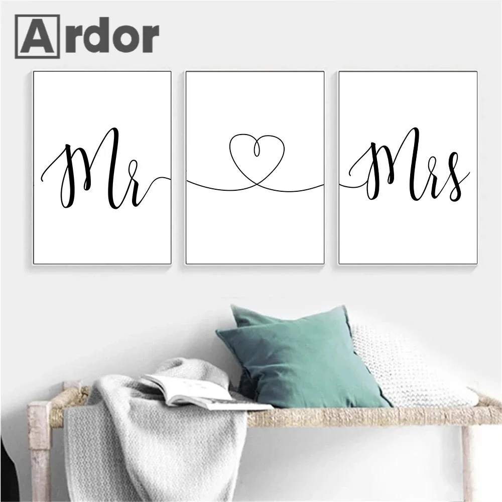 Плакат для каллиграфии в виде сердца мистер миссис черно-белый минималистичный