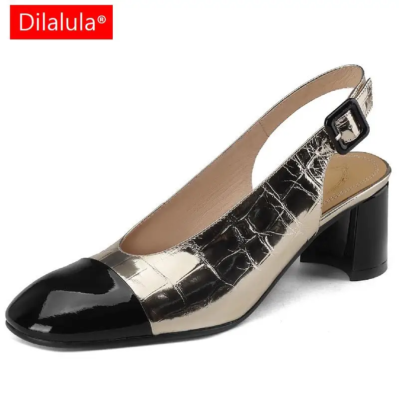 

Dilalula Fashion Elegant Women Pumps Office Party Mixed Colors Genuine Leather Thick Heels Slingbacks Shoes Woman Spring Summer