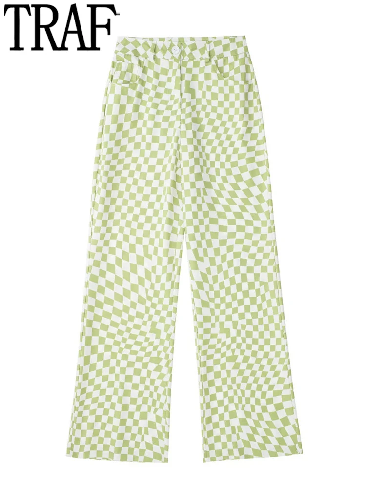 

TRAF Plaid Wide Leg Pants Women Green Baggy Pants Woman Office High Waist Trousers Fashion Streetwear Loose Casual Pants