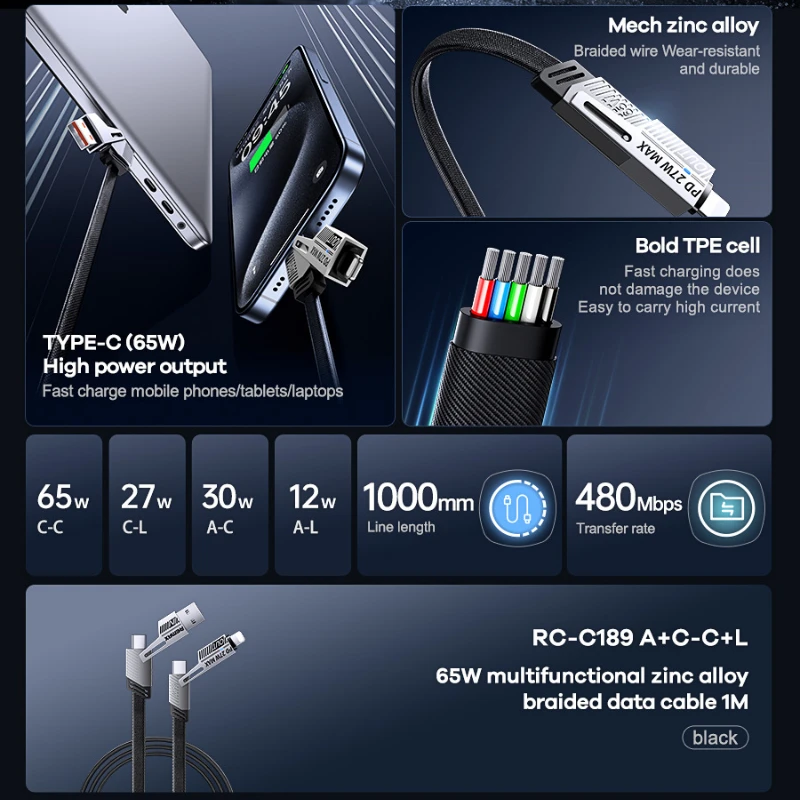 Фото Зарядный кабель Remax RC-C189 65 Вт 4 в 1 USB A C T to Type C Кабели Fast Lightning для HUAWEI Xiaomi Телефон iPhone 15 Pro Max №3