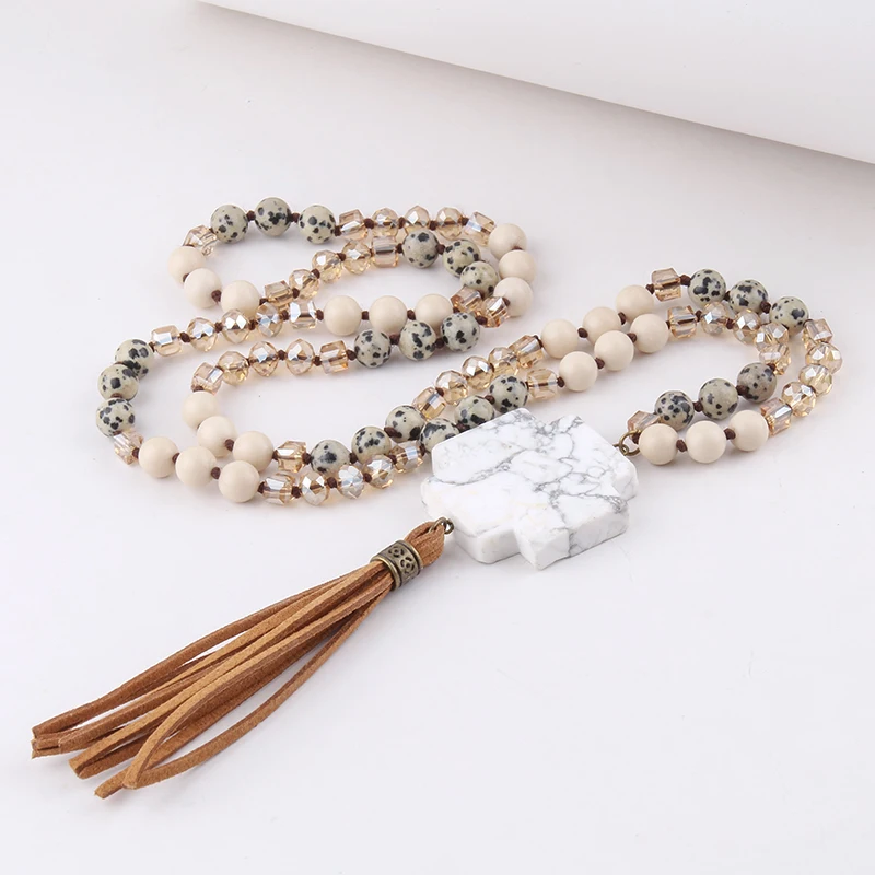 

MD New Fashion Bohemian Jewelry Accessory Stones Knotted With Cross Stone Tassel Pendant Necklaces For Women Gift Dropship