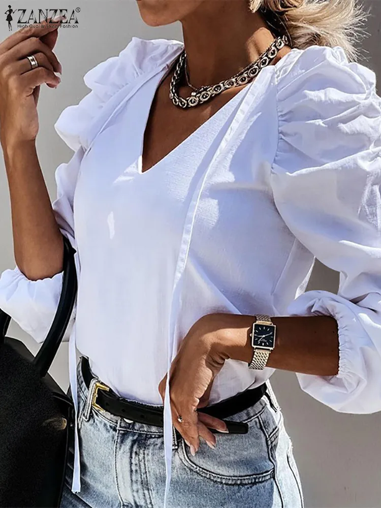 

Осенняя элегантная плиссированная рубашка ZANZEA, модная женская блузка с V-образным вырезом и длинным рукавом, повседневные однотонные празд...