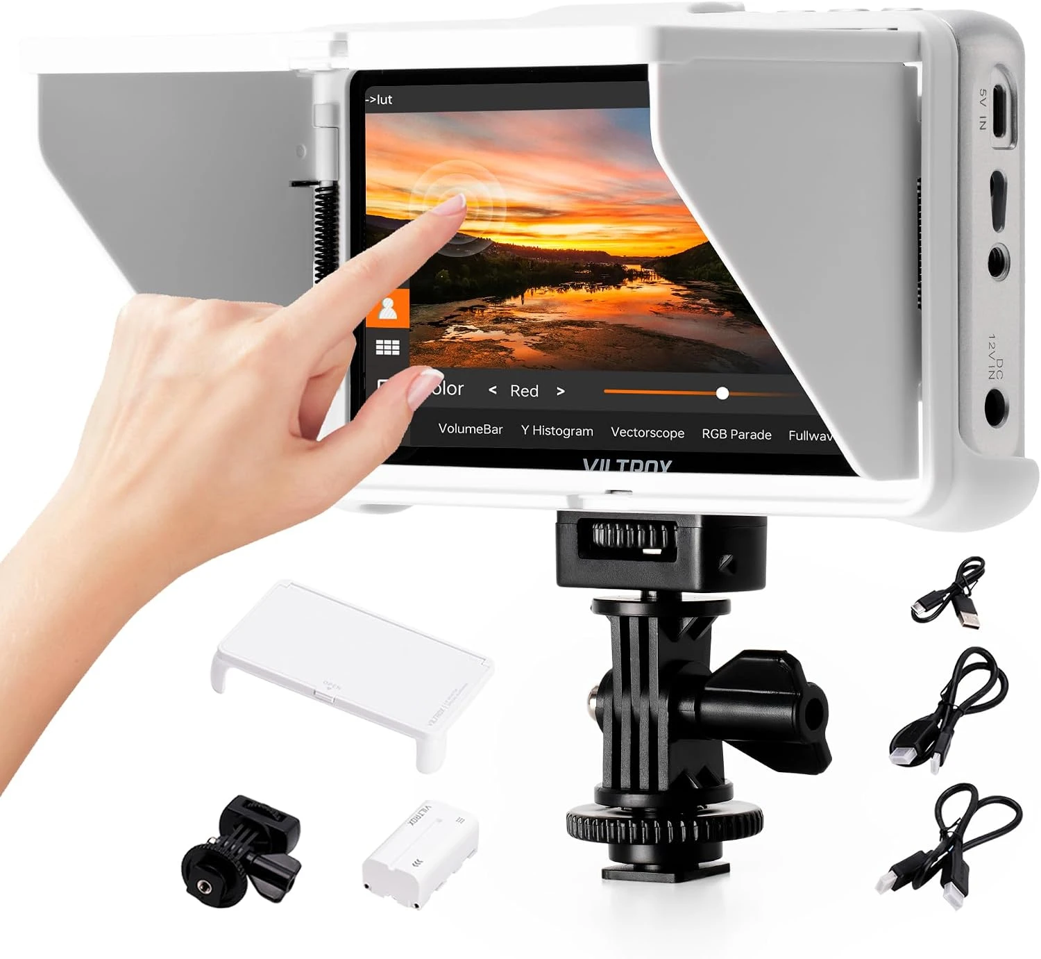 Фото VILTROX 5,5-дюймовый накамерный монитор 4K с сенсорным экраном, HDMI, полевой монитор 1920×1080 с солнцезащитным козырьком и 3D LUTs для Sony, Canon, Nikon №2