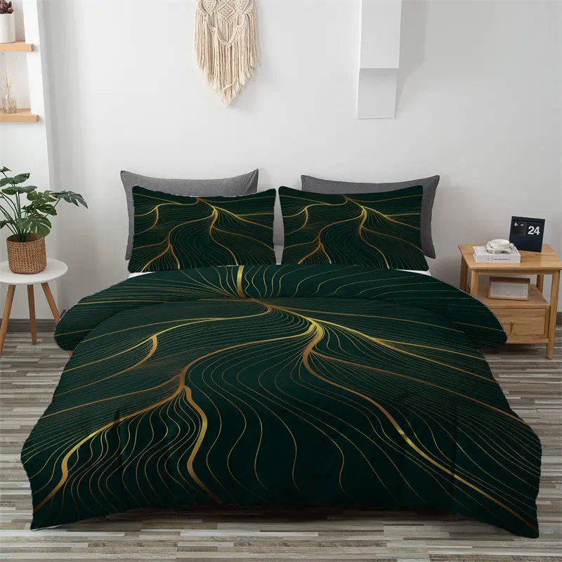 Emerald Green Duvet Cover Set Marble Plantain Leaves Print Comforter Cover Ginkgo Leaves Bedding Set Forest Green Pillowcases
