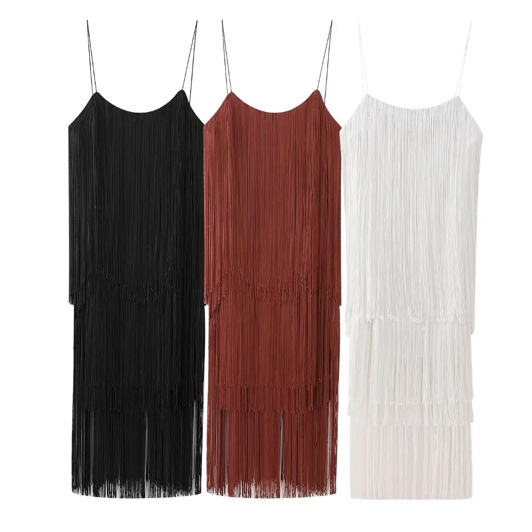 

Women 2023 New Chic Fashion Tasseled suspenders Vintage Backless Thin Straps Female Dresses robe Mujer