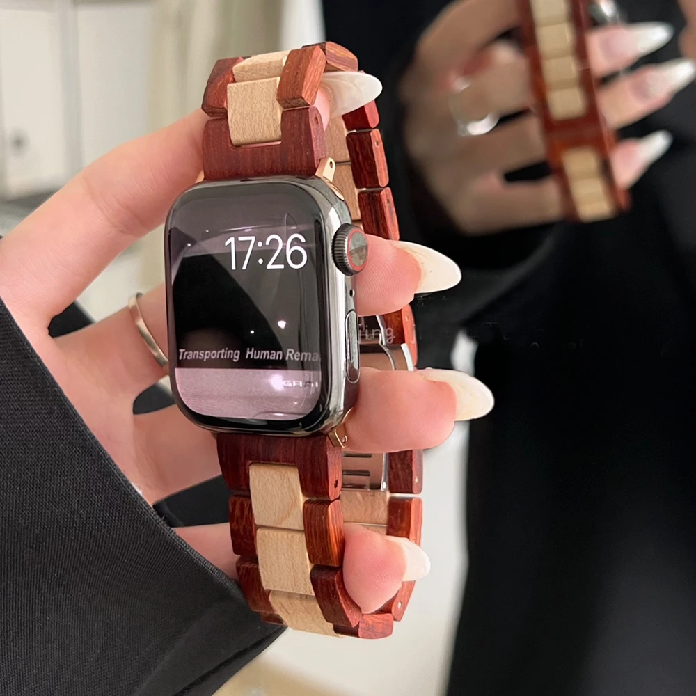 Retro Bamboo Wood Loop Bracelet For Apple Watch Band 38mm 42mm 40mm 44mm 41mm 45mm For iWatch Strap Wooden Series 2 3 4 5 6 7 SE