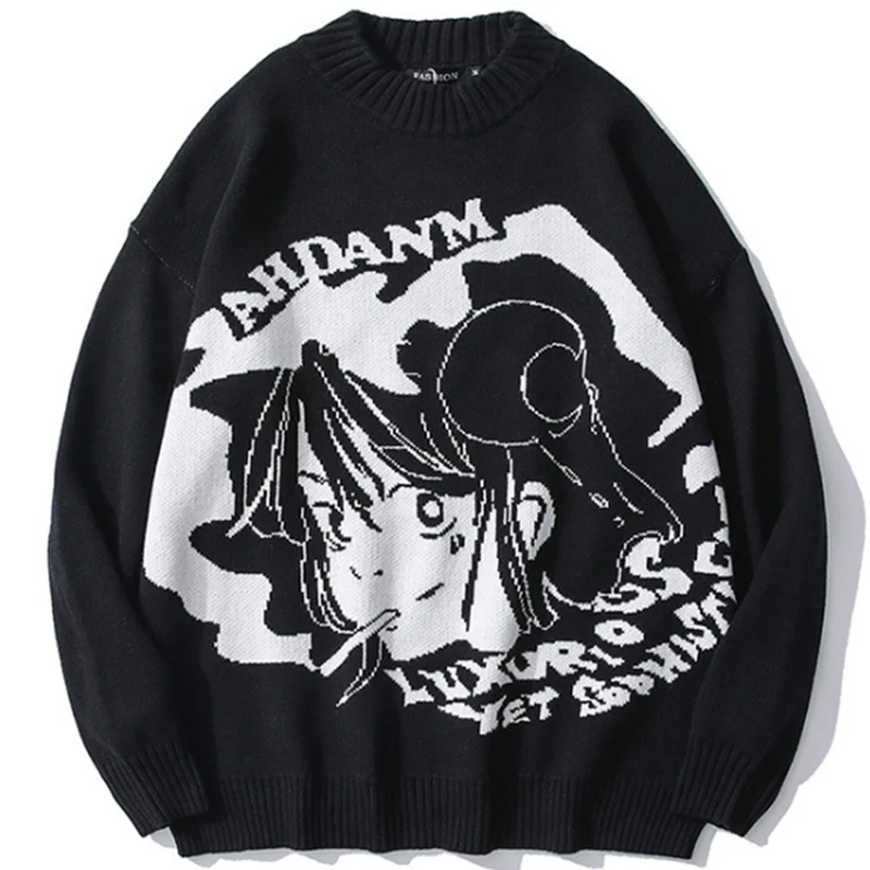 

Hip Hop Streetwear Harajuku Sweater Men 2023 Autumn Cotton Loose Vintage Retro Japanese Style Anime Girl Knitted Pullovers
