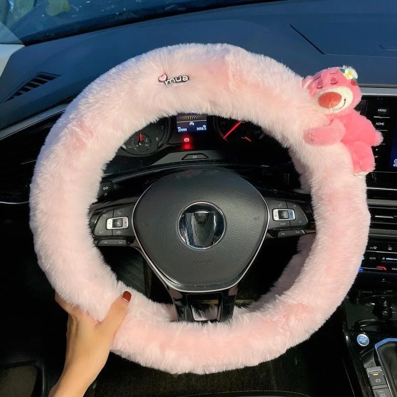 Фото Новый плюшевый чехол на руль Lotso: зимний, теплый, милый, креативный мультяшный декор для автомобиля, аксессуар, подарок №3