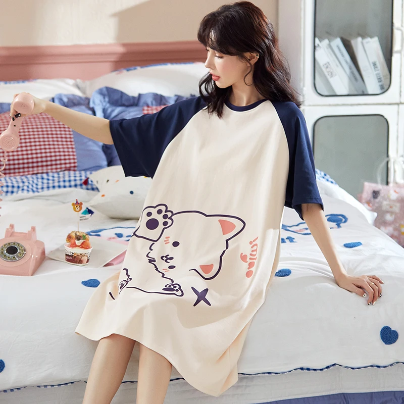 

Summer Cotton Women Nightdress Short Sleeve Home Clothes O Neck Nightwear Large Size sleepwear Female Cartoon Print Nightgown