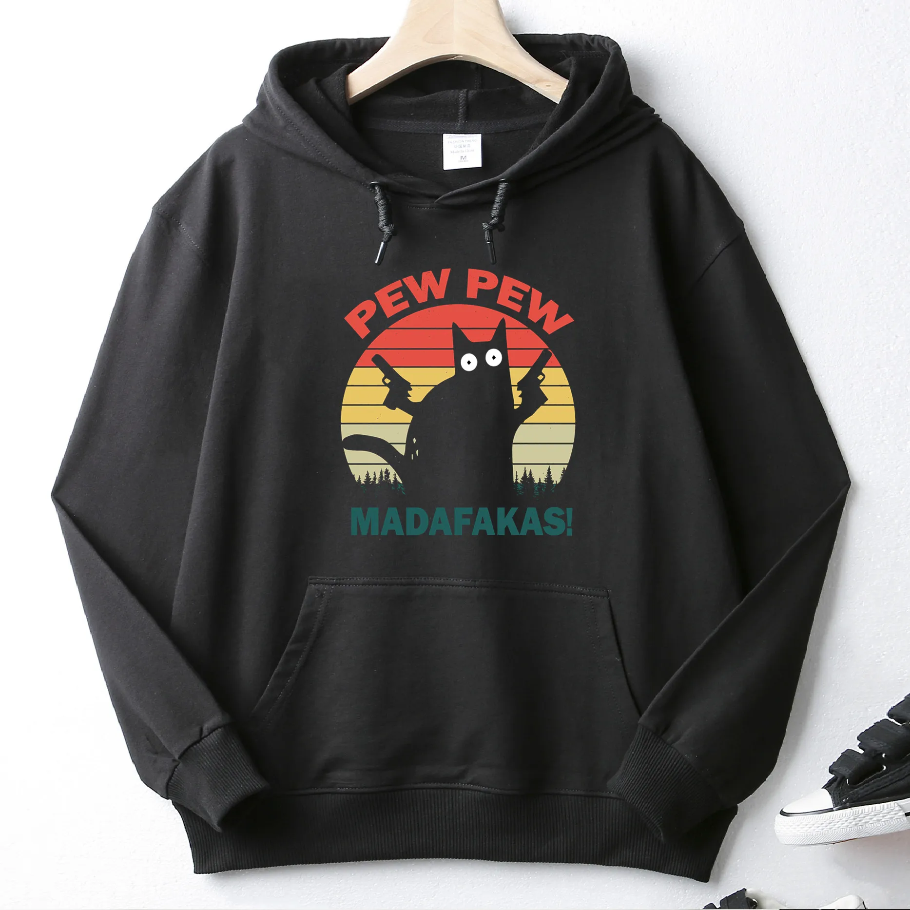 

Pew Pew Funny Cat Holds Two Guns Retro Autumn High Quality Unisex Top Hoodie Mens Wool Clothing Sweatshirt Pullover Asian Size