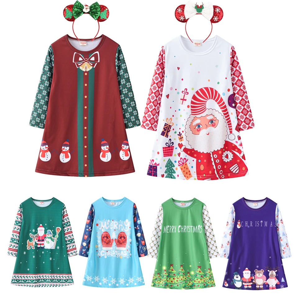 

Spring Autumn Girls Christmas Dress Cartoon Santa Claus Digital Print Long Sleeve Princess Dresses Xmas Party Children Clothing