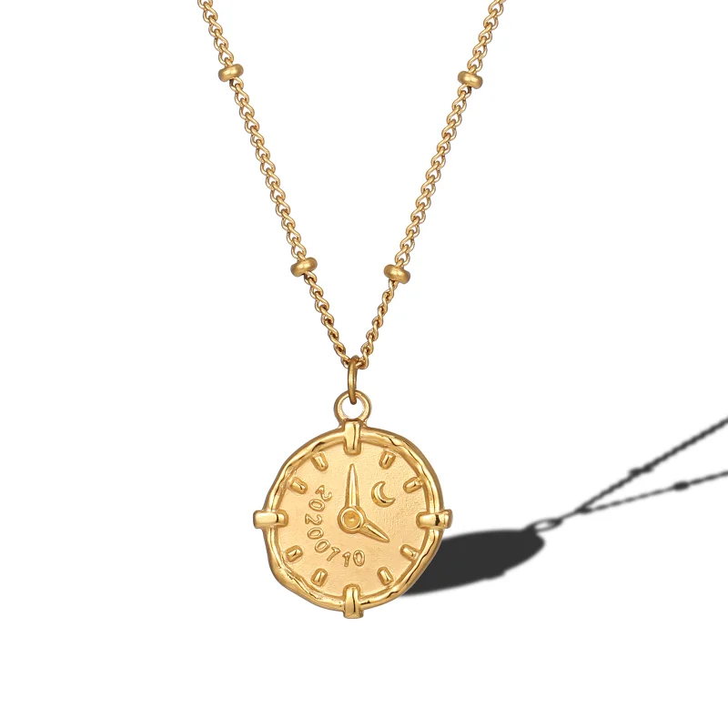 

Vintage Stylish 18k Gold Plated Jewelry Stainless Steel Iregular Medalion Time Clock Pendant Necklace for Women
