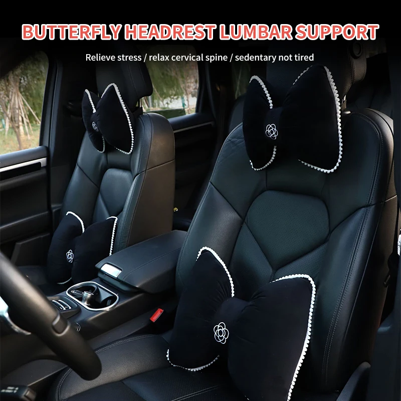 

Car Seat Headrest Pillow Cute Bow Ice Silk/Velvet Neck Headrest Lumbar Pillow Soft Support Protector Cushion For Car Accessories