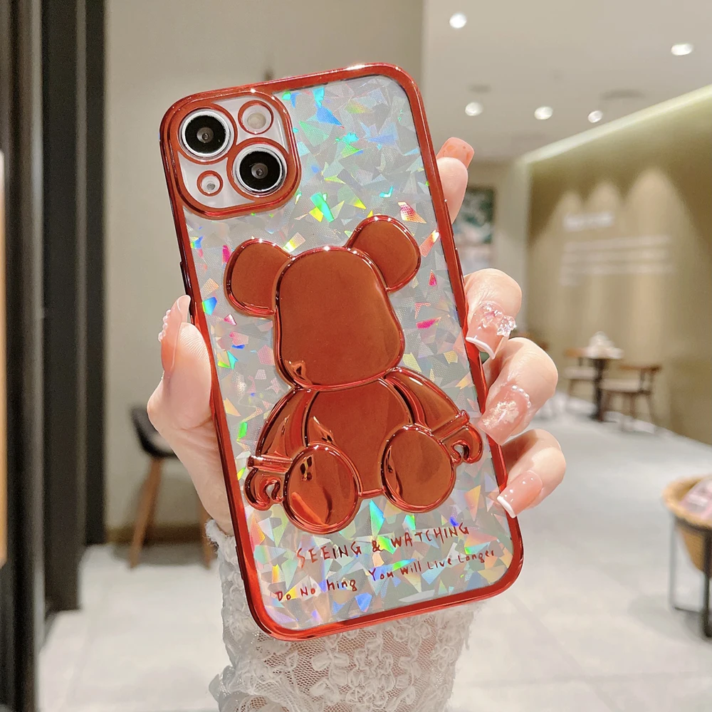 

For iPhone 13 Pro Max Luxury Case Gradient Aurora Laser 3D Cute Bear Phone Cover for iPhone 11 12 Pro Xs Max X Xr 7 8 Plus SE 2