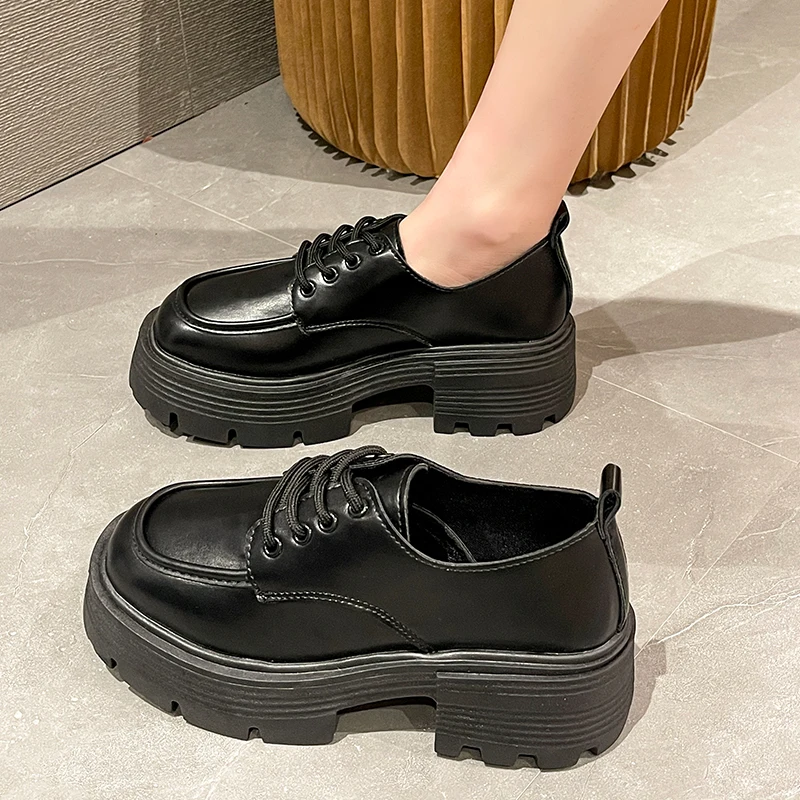 

Casual Woman Shoe Female Footwear British Style All-Match Oxfords Clogs Platform Round Toe Black Flats Loafers With Fur New Dres
