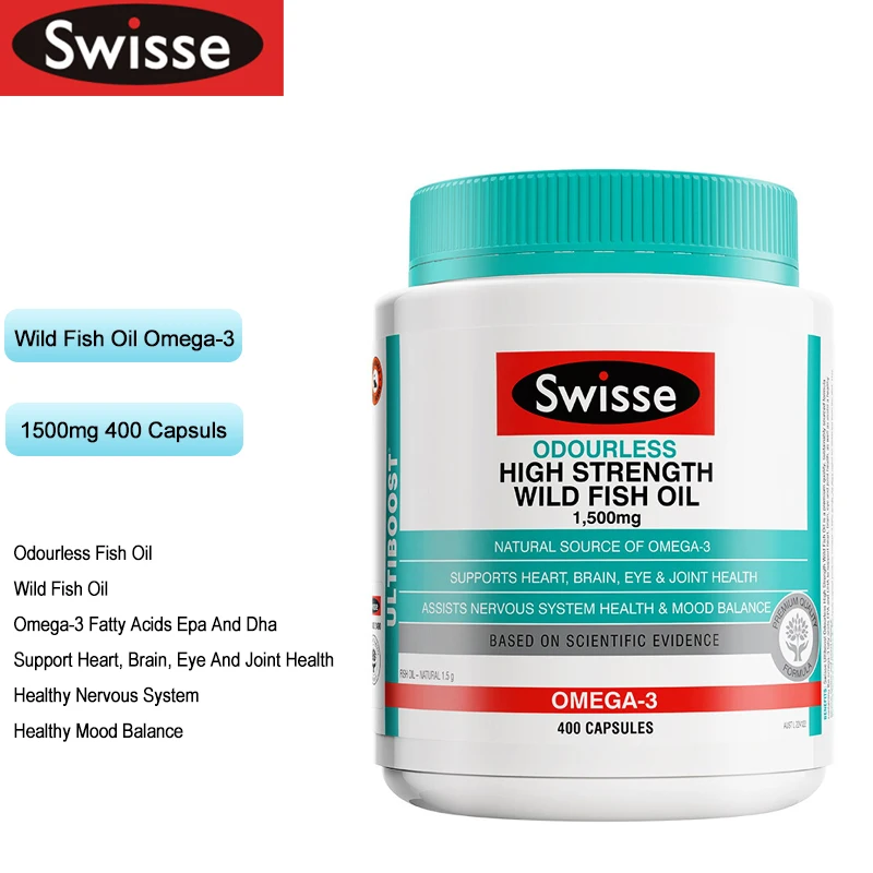 

Swisse Odourless High Strength Wild Fish Oil 1500mg 400 Capsules Omega3 Fatty Acids EPA DHA Heart Brain Joints Eye Health Vision