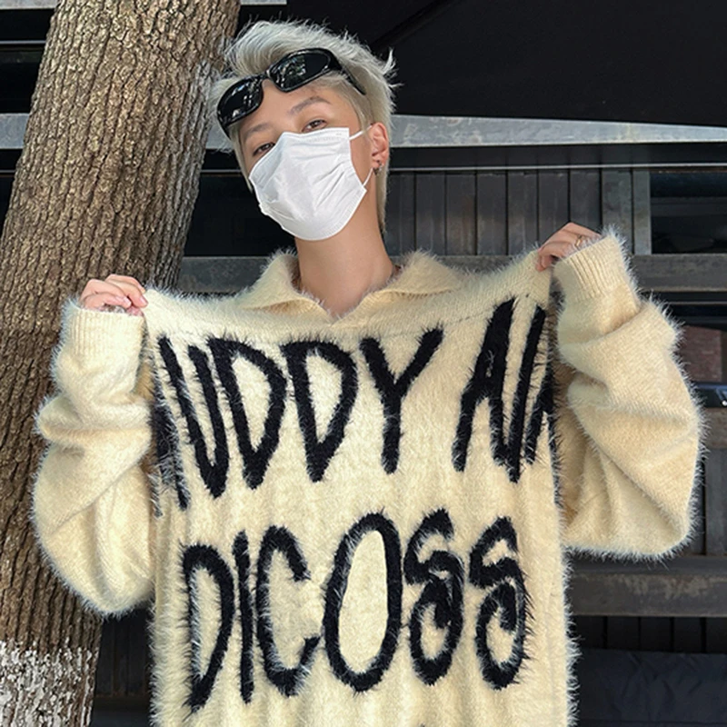 FEWQ Американский контрастный цветной норковый мех мужской свитер с надписью