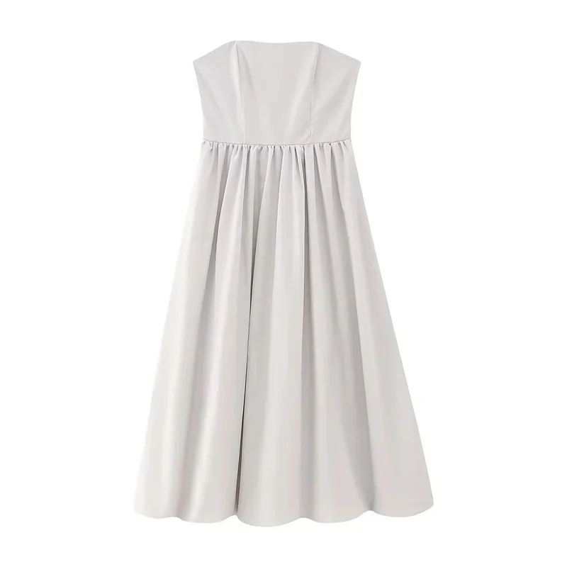 

TRAF Voluminous Strapless Dress Summer Sexy Exposed Shoulders A Straight-cut Neckline Puff Hem Invisible Zip Fastening Dress