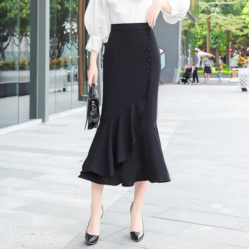 

Women Spring Summer Elegant Irregular Skirt Casual Female All-match High Waist Office Lady Midi Long Mermaid Skirts Femme E148
