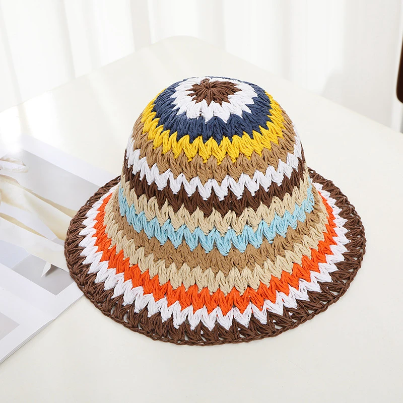 

Женская соломенная шляпа с широкими полями и цветными радужными полосками-стильная Солнцезащитная шляпа для летних пляжных отпусков и активного отдыха