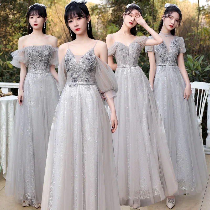 

Perspective Lantern Sleeve Prom Party Dress Gown Ruffles Spaghetti Strap Gray Mesh Sexy Qipao Grace Bandage Robe De Soiree