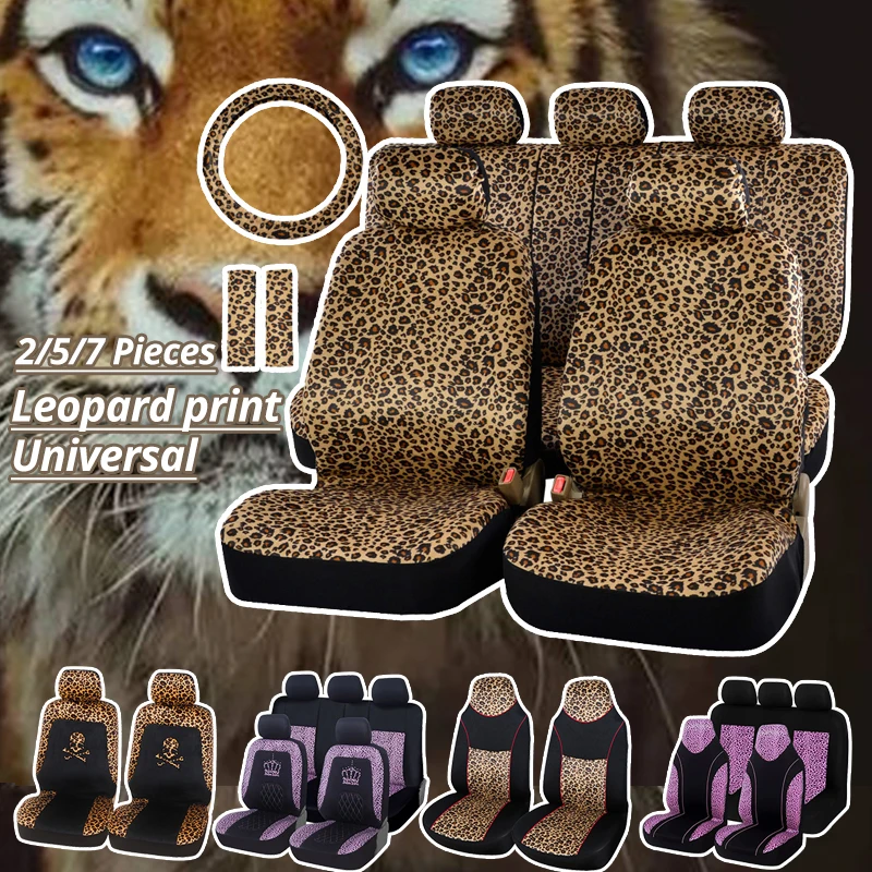 Luxury Leopard Print Car Seat Cover Universal Fit Belt Pads and 15" Steering Wheel Protector |
