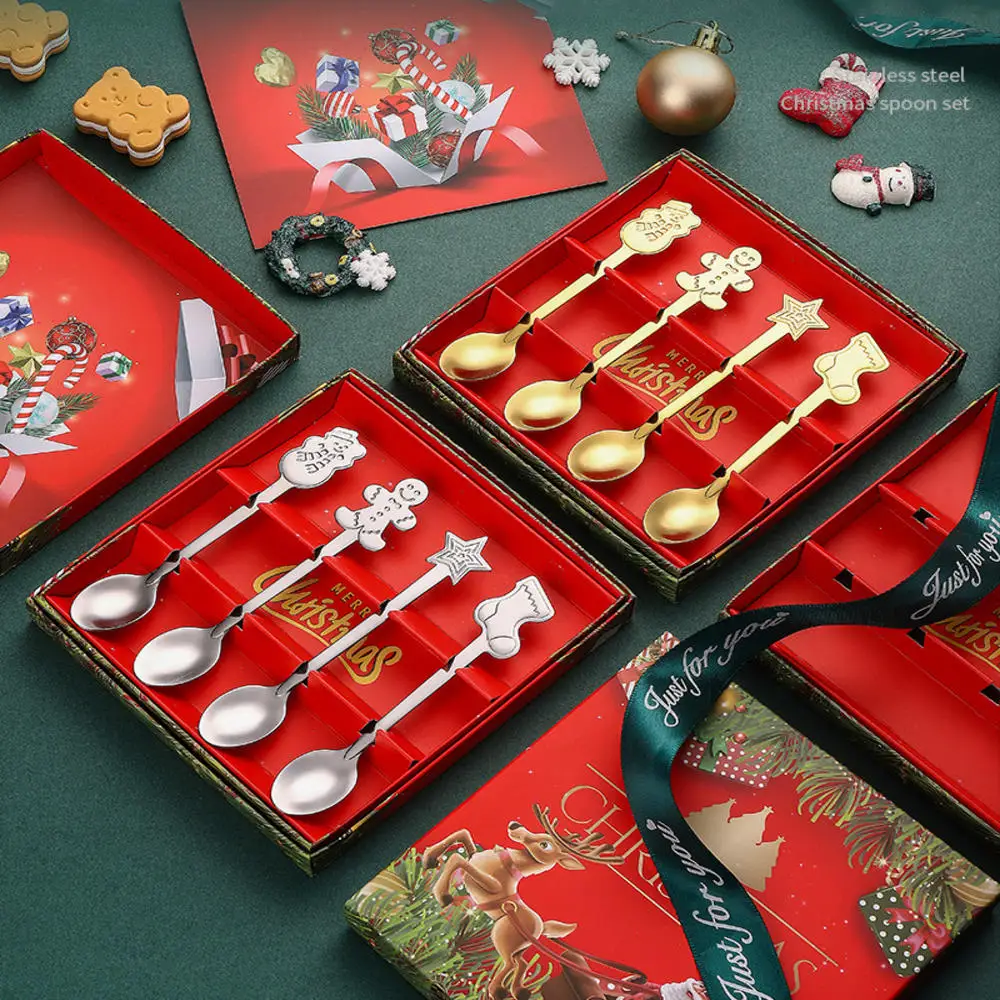 

4pcs/set Christmas Coffee Spoons Gift Box Set Stainless Steel Spoons Tableware Gold Silver Colorful Party Table Ornaments