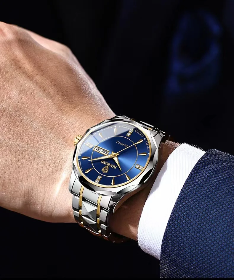 

Couple's Binbang watch New trend luminous waterproof tungsten steel band double calendar wrist watch for men and women