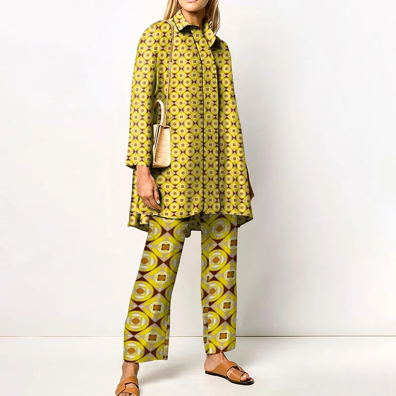 Spring Autumn Women's Two Pieces Set Loose Blouse Pants Print Casual Two Pieces Multi Patterns Long Sleeve Big Sizes S-3XL 9927