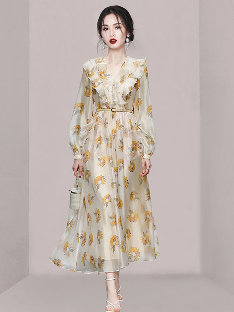 

Runway Fashion Floral Ruffles Lightweight Summer Midi Long A Line Dresses Vintage Elegant Lady Office Dress Elbise Traf