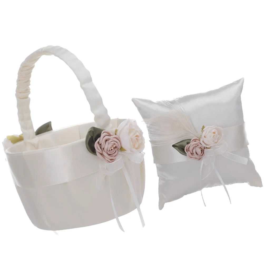 

Satin Ring Bearer Cushion Pillow Flower Basket Set Wedding Ceremony Decorations