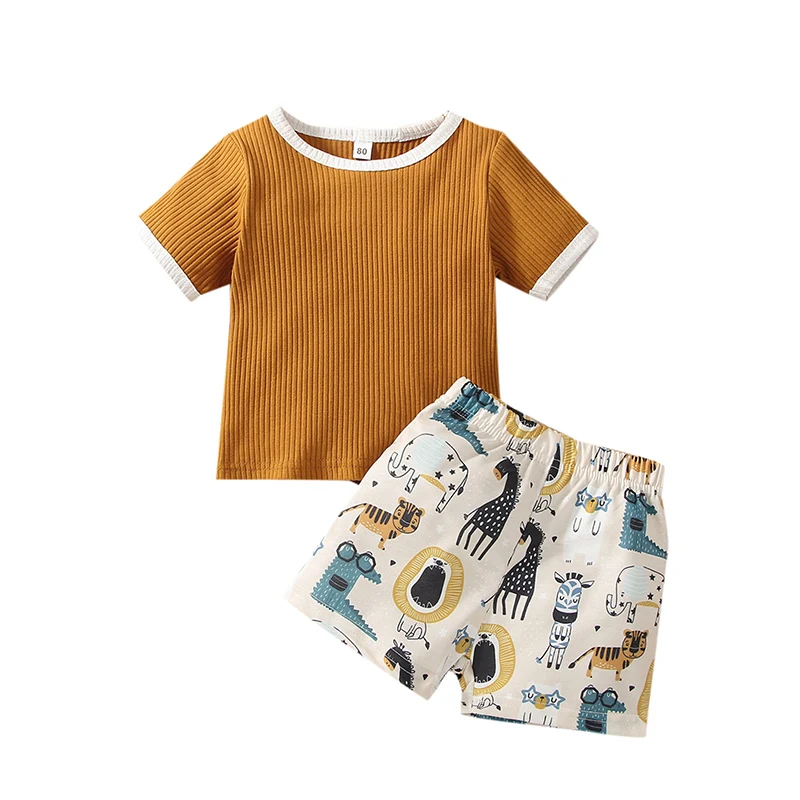 

Baby Boys Summer Clothes Contrast Color Ribbed Short Sleeve T-shirt Tops and Casual Cartoon Animal Print Shorts Set