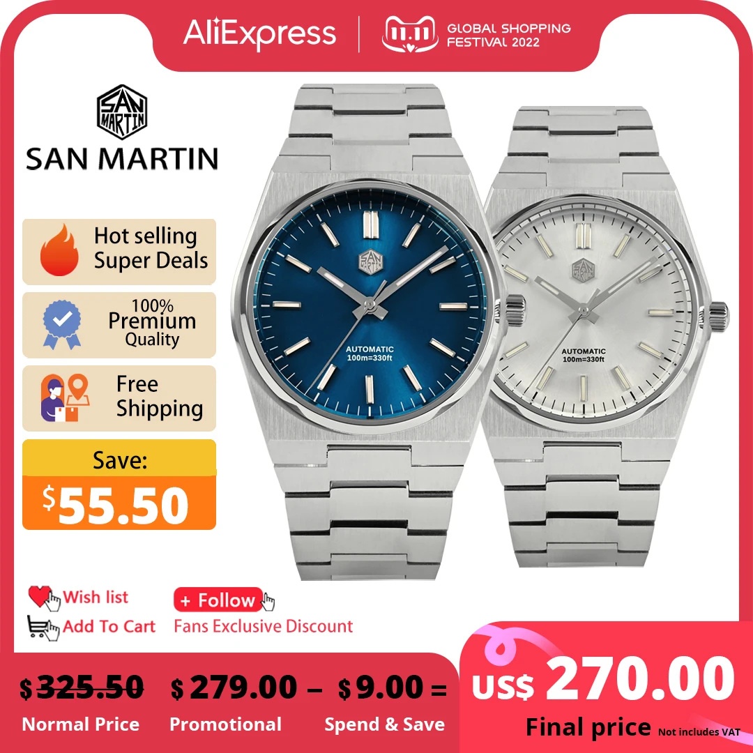 Продажа Мужские часы San Martin, 40 мм, Miyota 9015, классические роскошные автоматические механические часы, быстросъемный браслет из нержавеющей стали