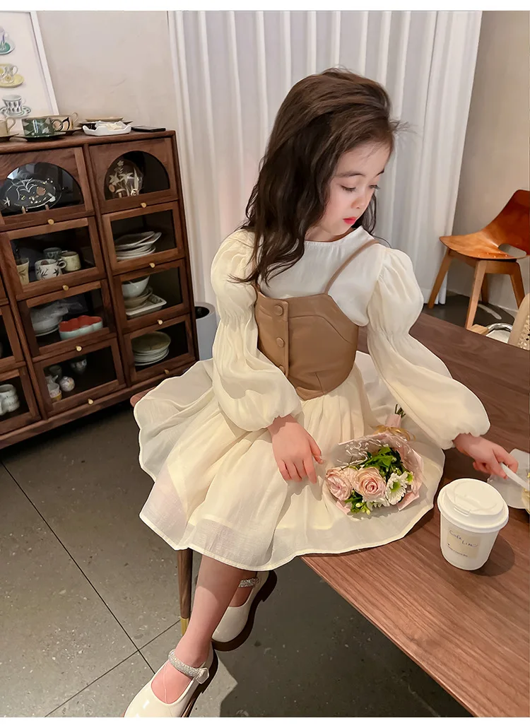 Mom and Daughter Parent-child Dresses 2022 Autumn School Girl Retro French Lantern Sleeve Dress Tube Top leather Vest Two-piece