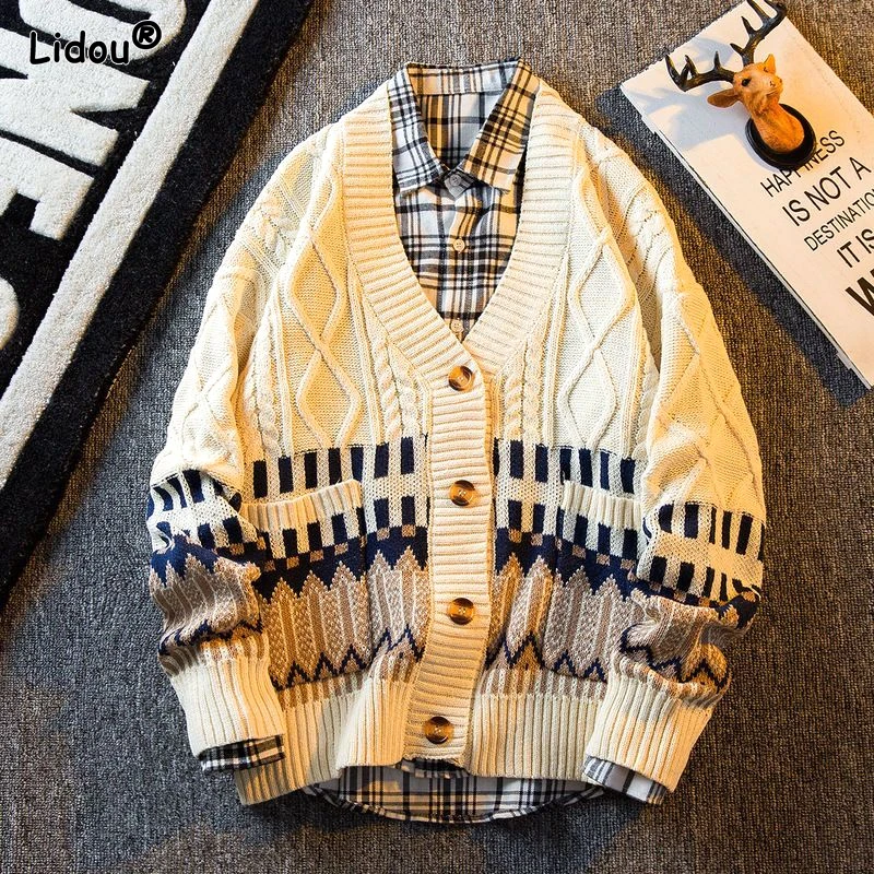 Мужской трикотажный кардиган повседневный Свободный составного кроя в стиле