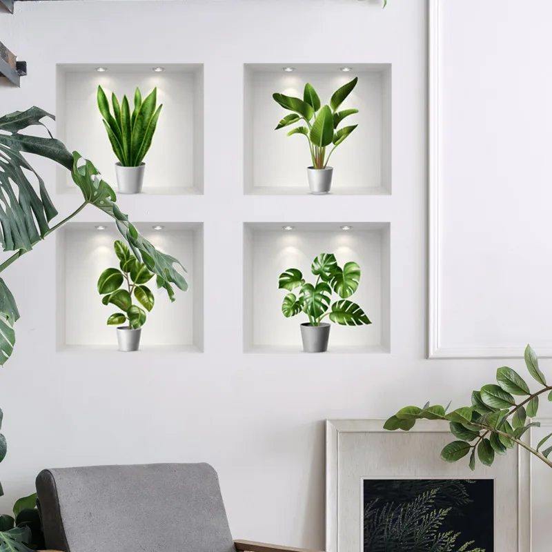 

Four Green Plants Potted Plants False Windows Wall Stickers Ins Natural Bedroom Background Wall Decor Room Decoration Wall Paper