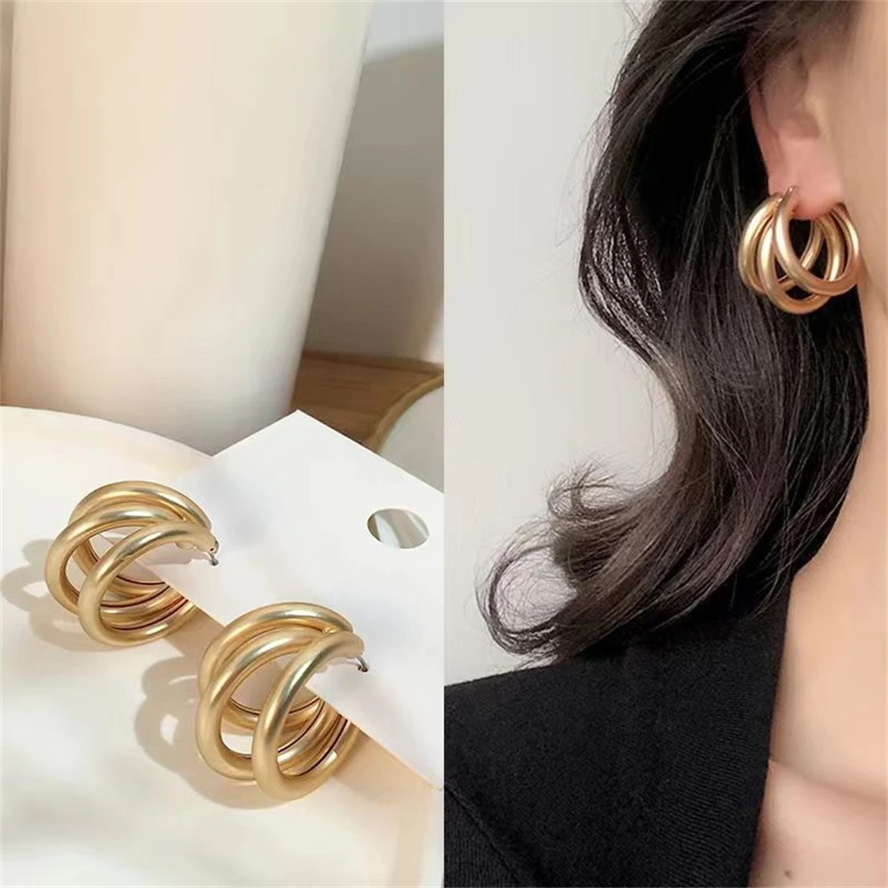 

Vintage Matte Metal Hoop Stud Earring For Women Layered Circle C Shaped Geometric Gold Color Statement Earrings Fashion Jewelry