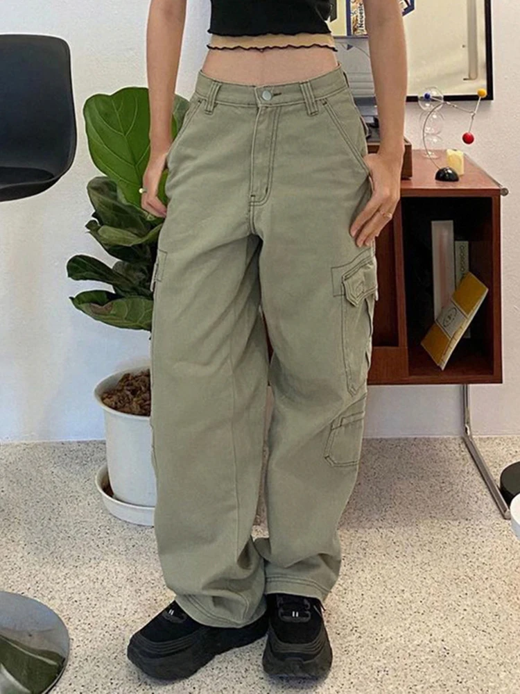 

Sifreyr Green Cargo Jeans Women Harajuku Big Pockets Low Waisted Jeans Grunge Pants Casual Streetwear Denim Trousers Joggers 90s