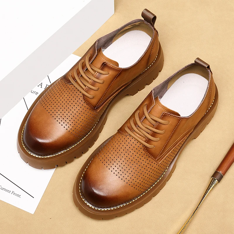 New Spring Summer Breathable Men Shoes Real Leather Designer Shoes Men Height Increasing Loafers Luxury Lace-up Dress Shoes