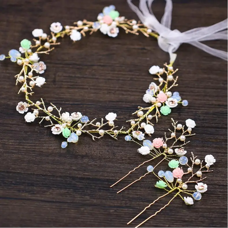 

Colorful floral pearl bridal headband hairpin set