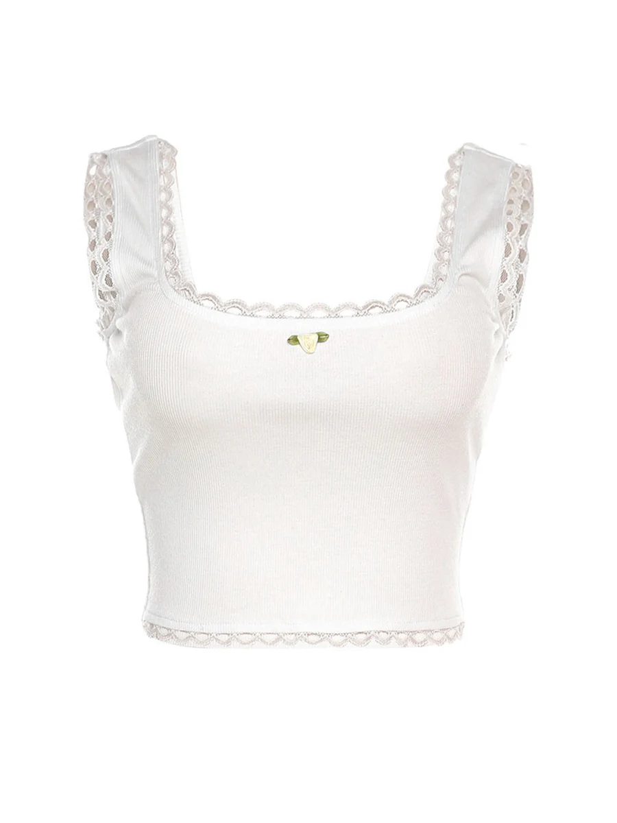 

YILEEGOO Women Y2K Summer Tank Tops Lace Trim Square Neck Cross Tie-Up Crop Tops