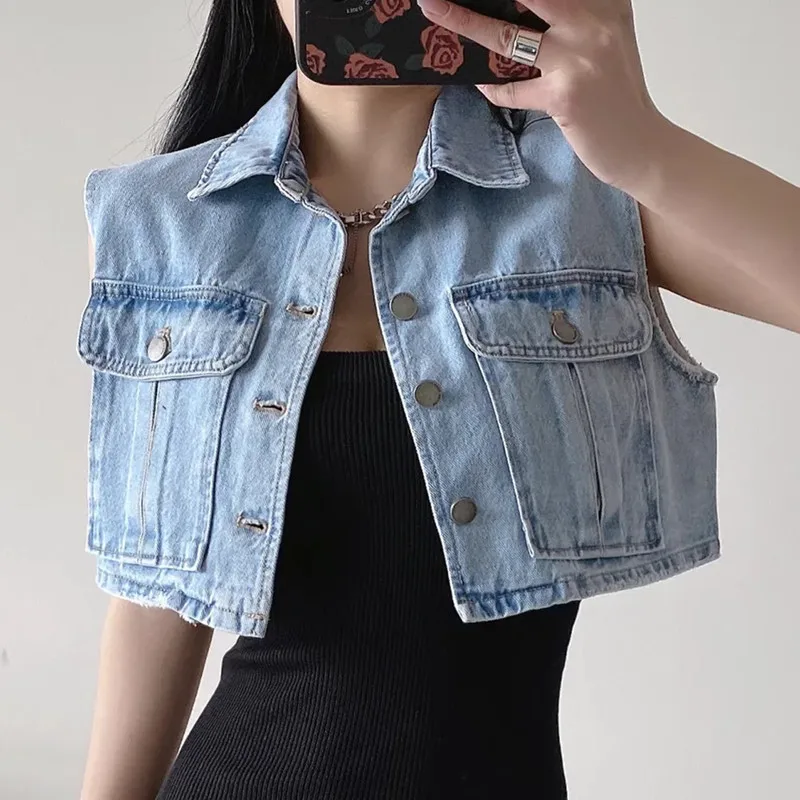 

2022 summer new hot girl Retro loose short denim vest women fashion lapel single-breasted sleeveless vest small jacket q322